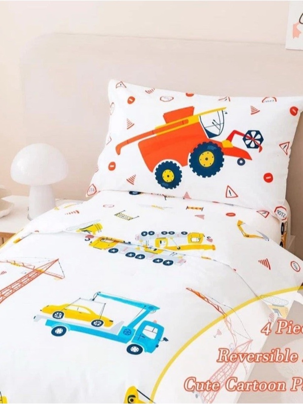 Construction Vehicles Kids Bedding Set - White with Orange, Yellow & Blue - Picture 3 of 8